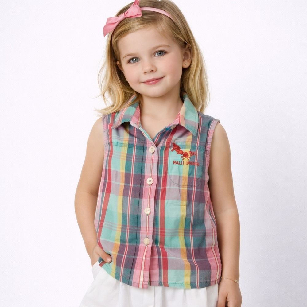 Ralph Lauren Girls Plaid Button Down Sleeveless Embroidered‎ Logo Shirt Sz 4